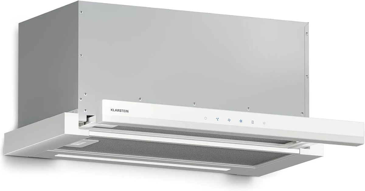 Klarstein Cappa aspirante, 60 cm, 896 m3/h, classe energetica A, cappa da cucina, da incasso, touch, bianco, LED, Filtro Carbone, Silenziosa
