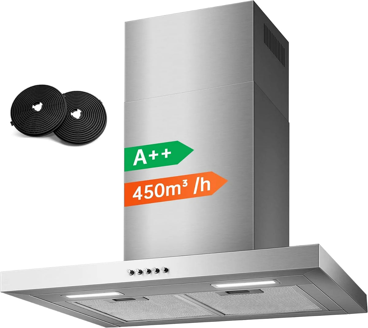 Cappa aspirante, 60 cm, 450 m3/h, cappa da cucina, scarico e ricircolo, 3 velocità, montaggio a parete, acciaio inox, LED, Motore Brushless A++