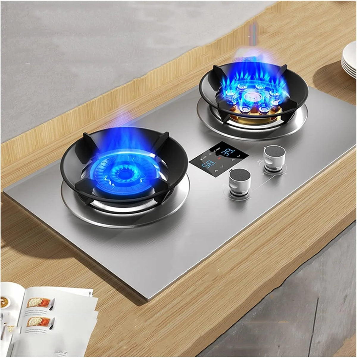 Piano cottura a gas, 2 fuochi, da incasso, portatile, fornello a gas, ideale per cucinare all'aperto e barbecue