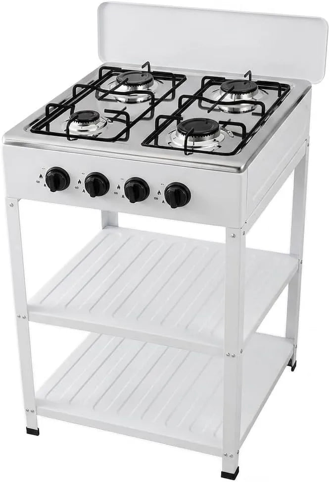 Piano cottura a gas, 4 fuochi, portatile, esterno, acciaio inox, fornello a gas, bianco, Accensione Piezoelettrica, Ideale per Campeggio Giardino