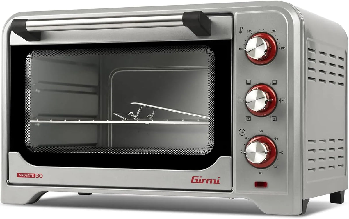 Forno elettrico, 1600 W, Girmi FE30, timer, acciaio inox, argento, Termostato regolabile 230°, 4 resistenze riscaldanti, Griglia Inox, Ventilazione