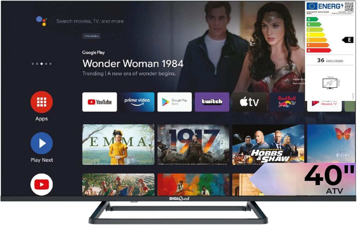 Google Smart TV, classe energetica E, televisore, Wi-Fi, Android OS, Full HD, nero, Doppio tuner, LCN Tivùsat, Funzione CEC, DIGIQUEST Smart TV 40'