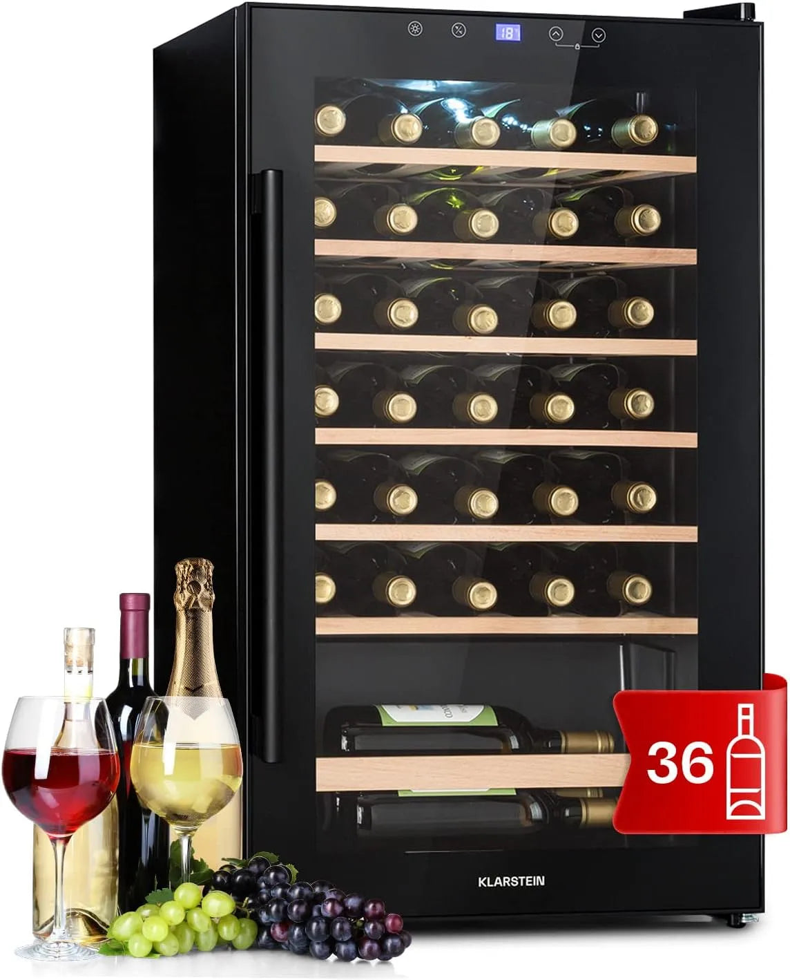 Klarstein Cantinetta vino, 36 bottiglie, 4 a 18 °C, touch, Mini Bar con Protezione UV, Frigo Bar, Frigo Touch, Cantinetta Vino Refrigerata a Zona