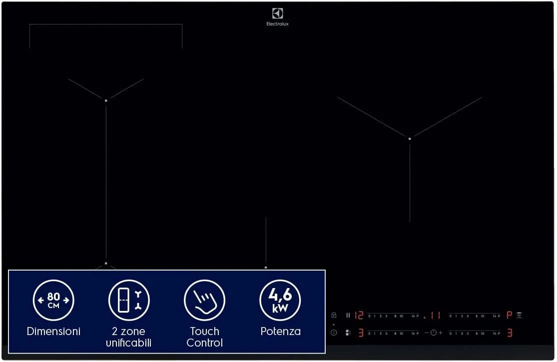 Electrolux Serie 600 LIL83443 Piano cottura a induzione, 780x520 mm, 4 fuochi, piastra a induzione, da incasso, nero, Bridge 80 cm, Tecnologia