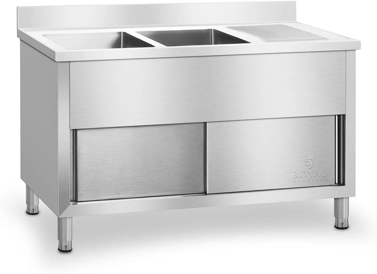 Lavello da cucina, 64x140x95, 5 cm, Royal RCHS-1400WS, professionale, ristorazione, acciaio inox, 2 Vasche, Porte Scorrevoli