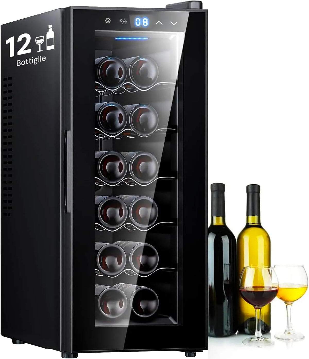 Cantinetta vino, 35 L, 12 bottiglie, 12 a 18 °C, 2 zone di temperatura, scongelamento, Mini Frigo Bar per Vini e Bevande con Display LED, Auto Defrost