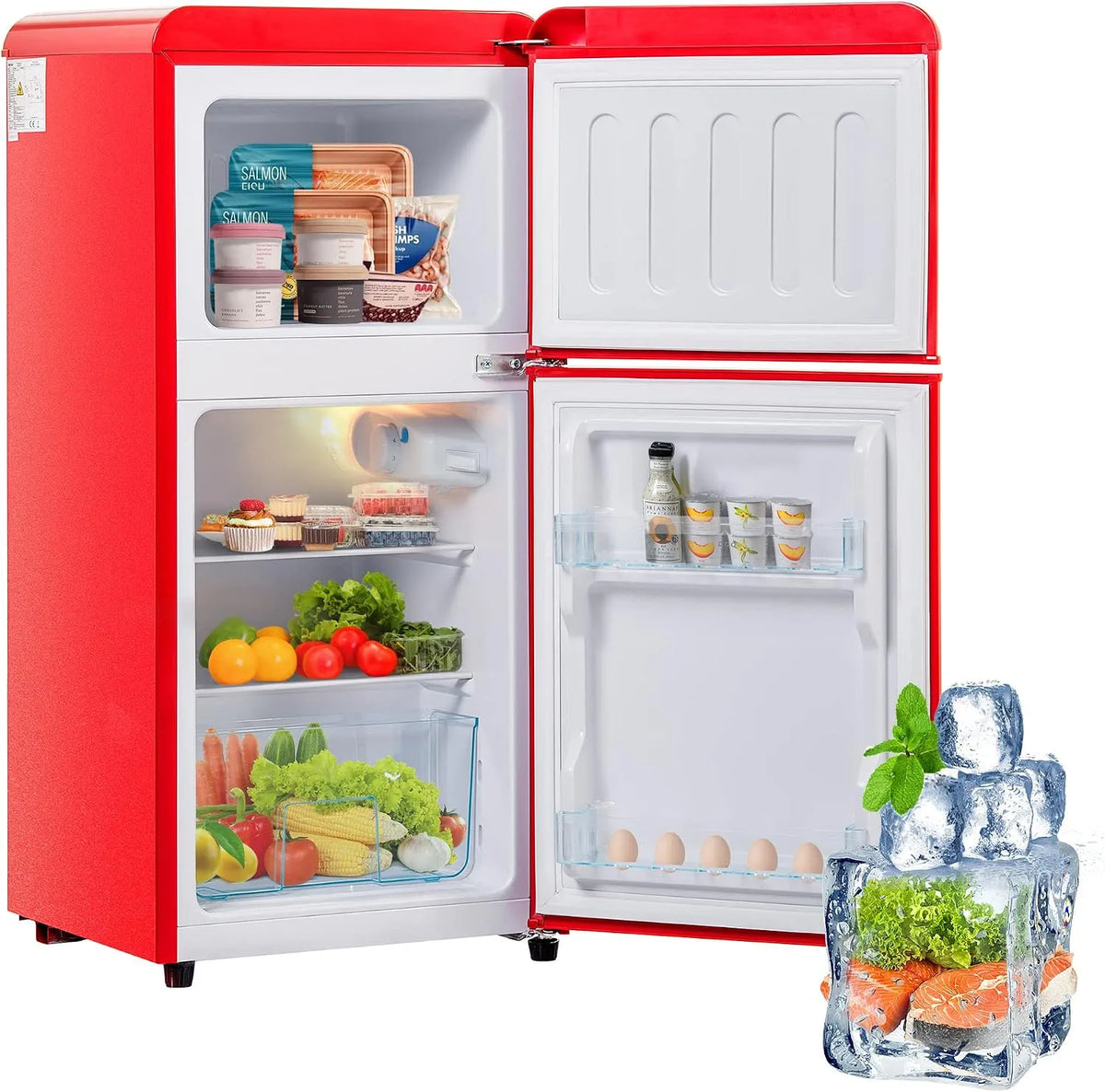 Congelatore, 60 L, classe energetica E, decorazione del soggiorno, freezer verticale, rosso, 8 cm, 88, Frigorifero retrò completo, doppia porta