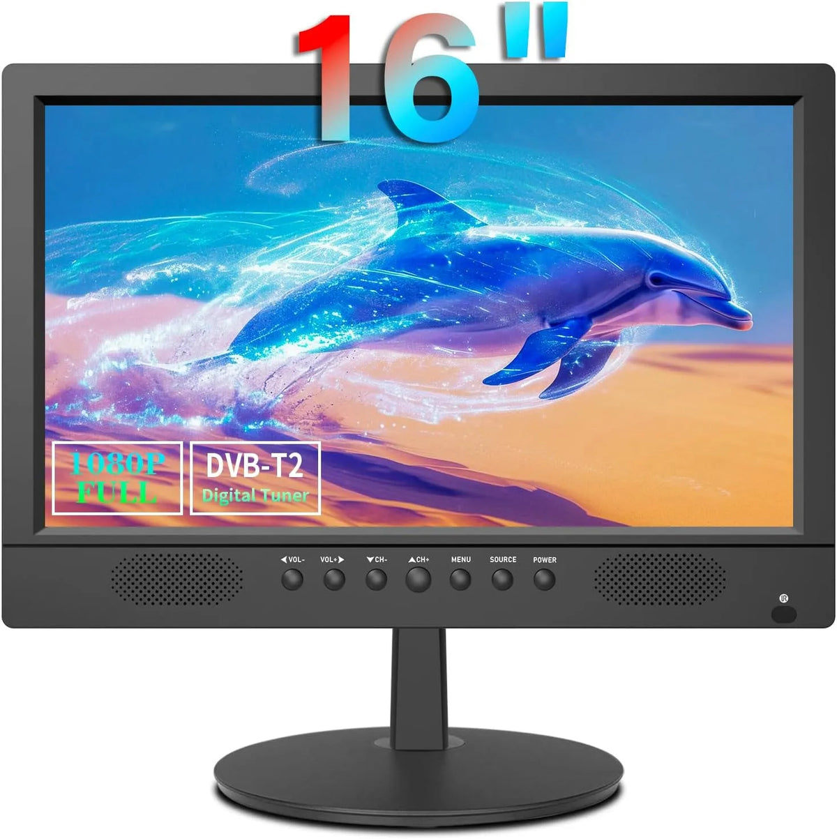 Smart TV H.265, 16 pollici, televisore, HDMI, USB, DVB-T2, 12 Volt, ingresso AV, HDMI/VGA, slot USB, alimentazione da auto, o da rete elettrica