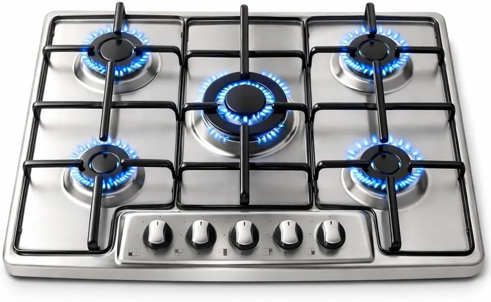 Piano cottura a gas, 75 cm, ghisa, acciaio inox, fornello a gas, Fornelli Lavabili per Cucina, Facile da Pulire, Manopole di Controllo a Ponticello