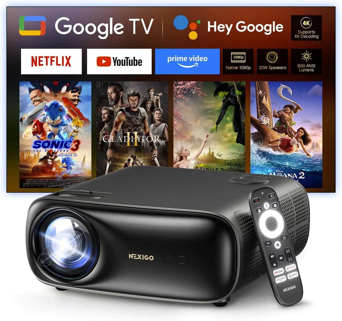 Google PJ40 1080p Smart TV, televisore, 4K UHD, proiettore smart con correzione automatica del keystone, 800 ANSI lumen, supporto 4K, risoluzione