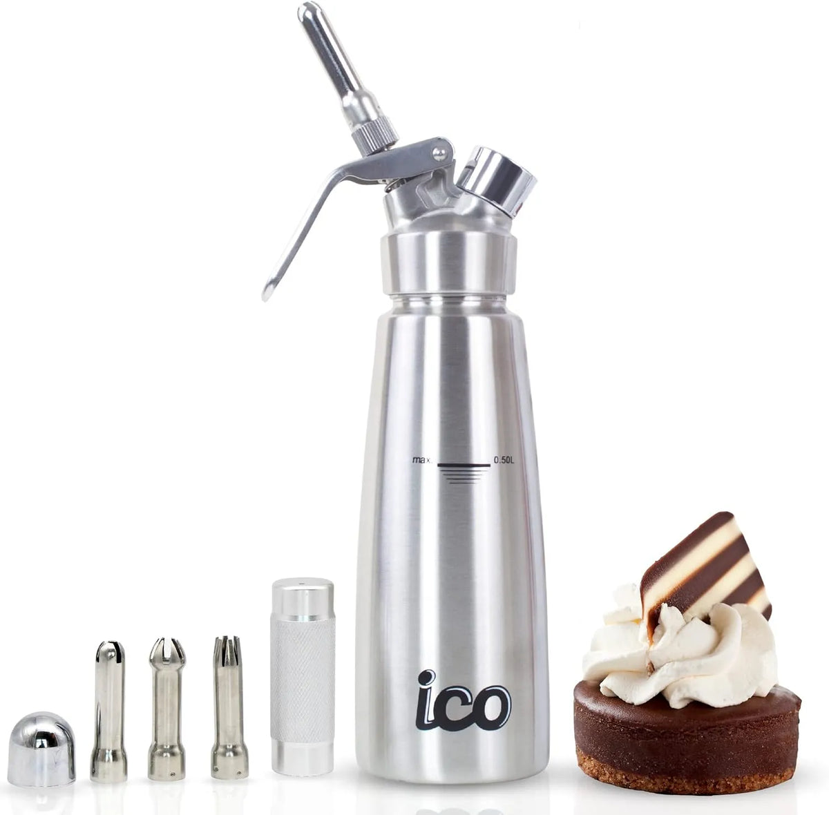 modello 500ml, ICO Sifone da Cucina Professionale in Acciaio Inox per Sifone Panna Montata - Dispenser 500ml con Protossido di Azoto per Dessert e
