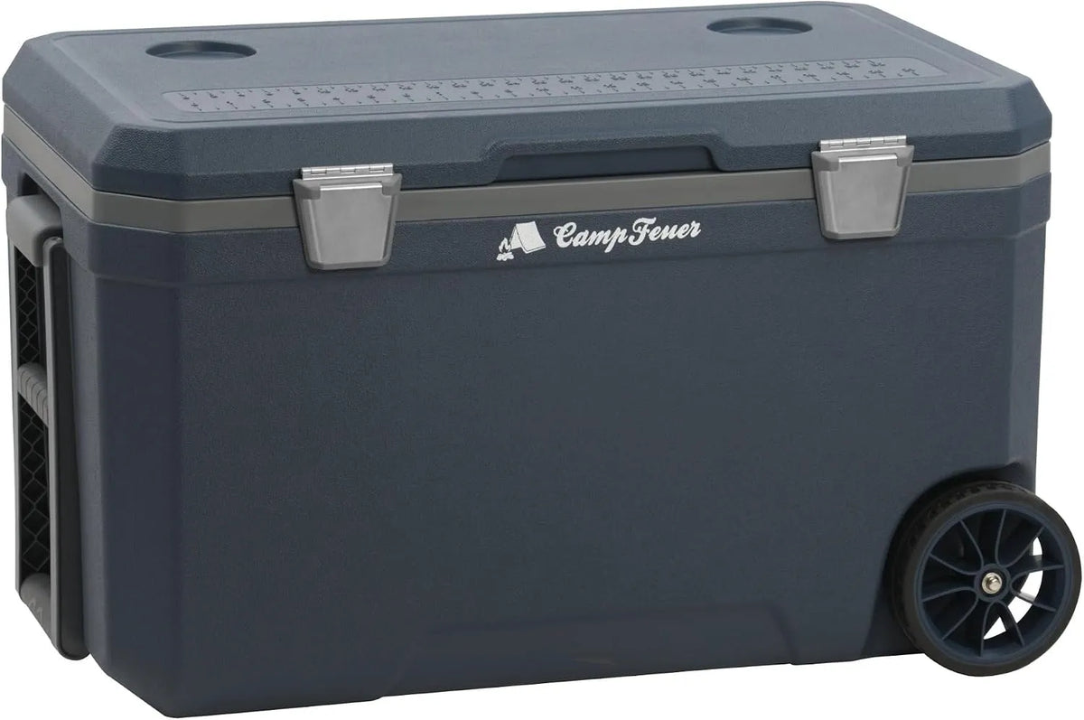 Frigorifero portatile, 70 L, ruote di trasporto, mini frigo portatile, CampFeuer Frigorifero portatile navyblue da 70 litri con ruote