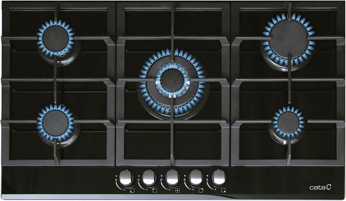 Cata 11kW Piano cottura a gas, 87 cm, 5 fuochi, ghisa, fornello a gas, nero, CATA LCI 9041 BK Piano cottura a gas 5 fuochi in ghisa accensione