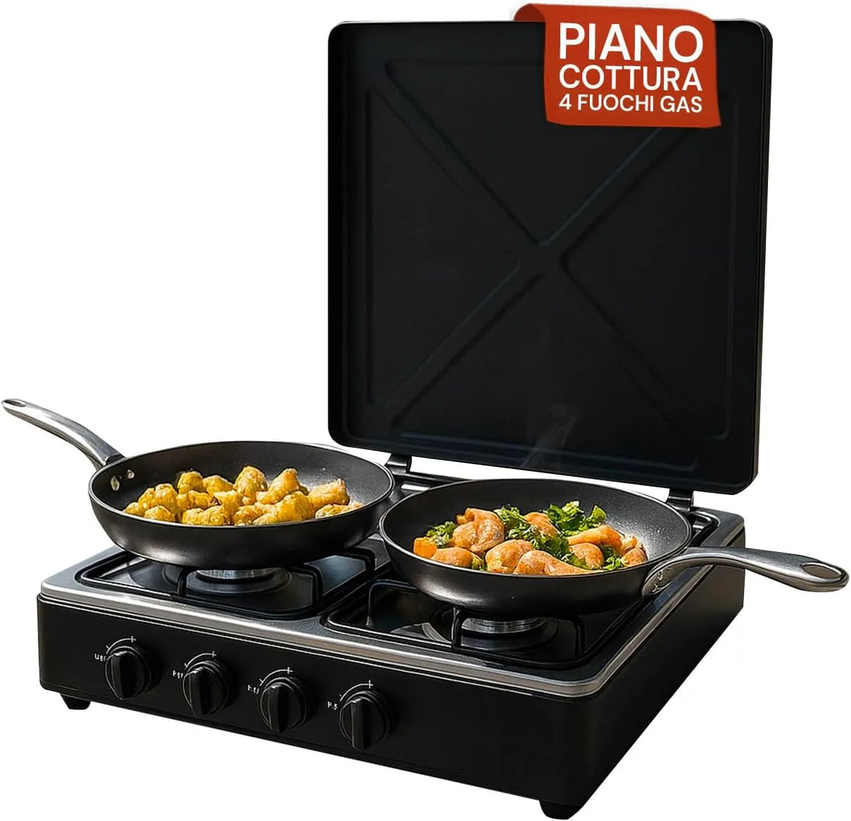 Piano cottura a gas, 4 fuochi, esterno, professionale, acciaio inox, fornello a gas, Ideale per Campeggio e Cucina Outdoor, Facile da Usare