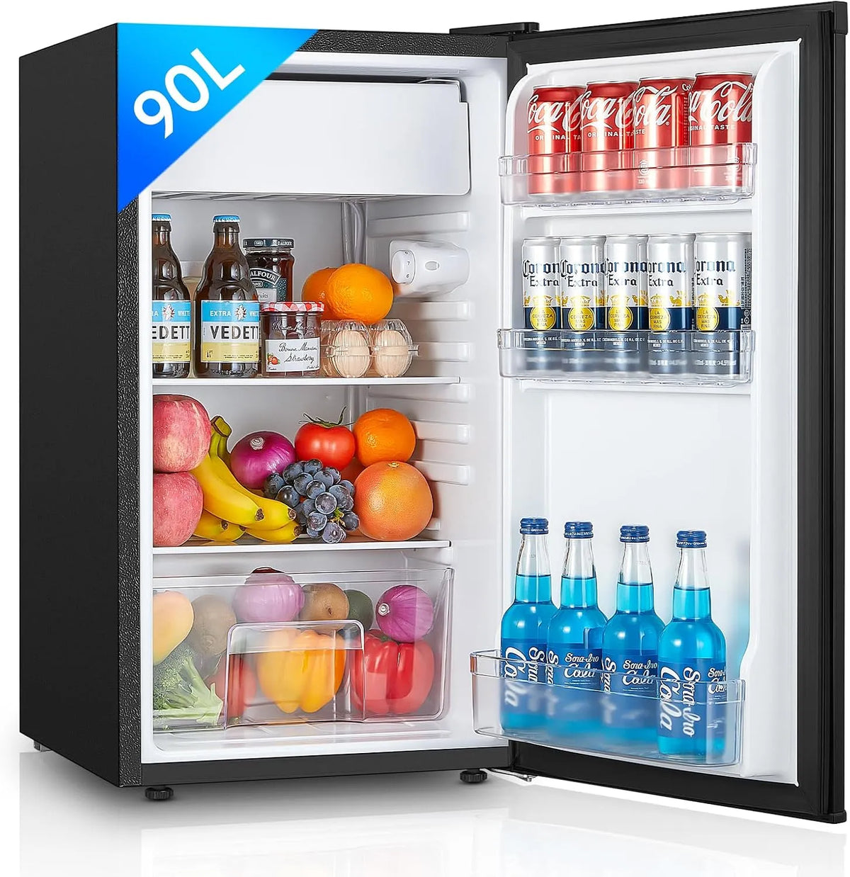 Frigorifero, 91 L, vano congelatore, nero, 7 Termostato Regolabile, Silenzioso, Scomparto per Verdure, Mini Frigo da Ufficio, Camera