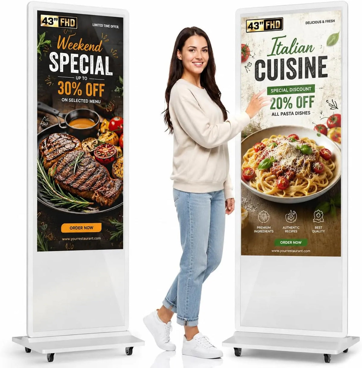 Display digital signage, 43 pollici, display pubblicitario LCD, professionale, ruote di trasporto, Wi-Fi, Android OS, Full HD, HDMI, USB, 450 Nits