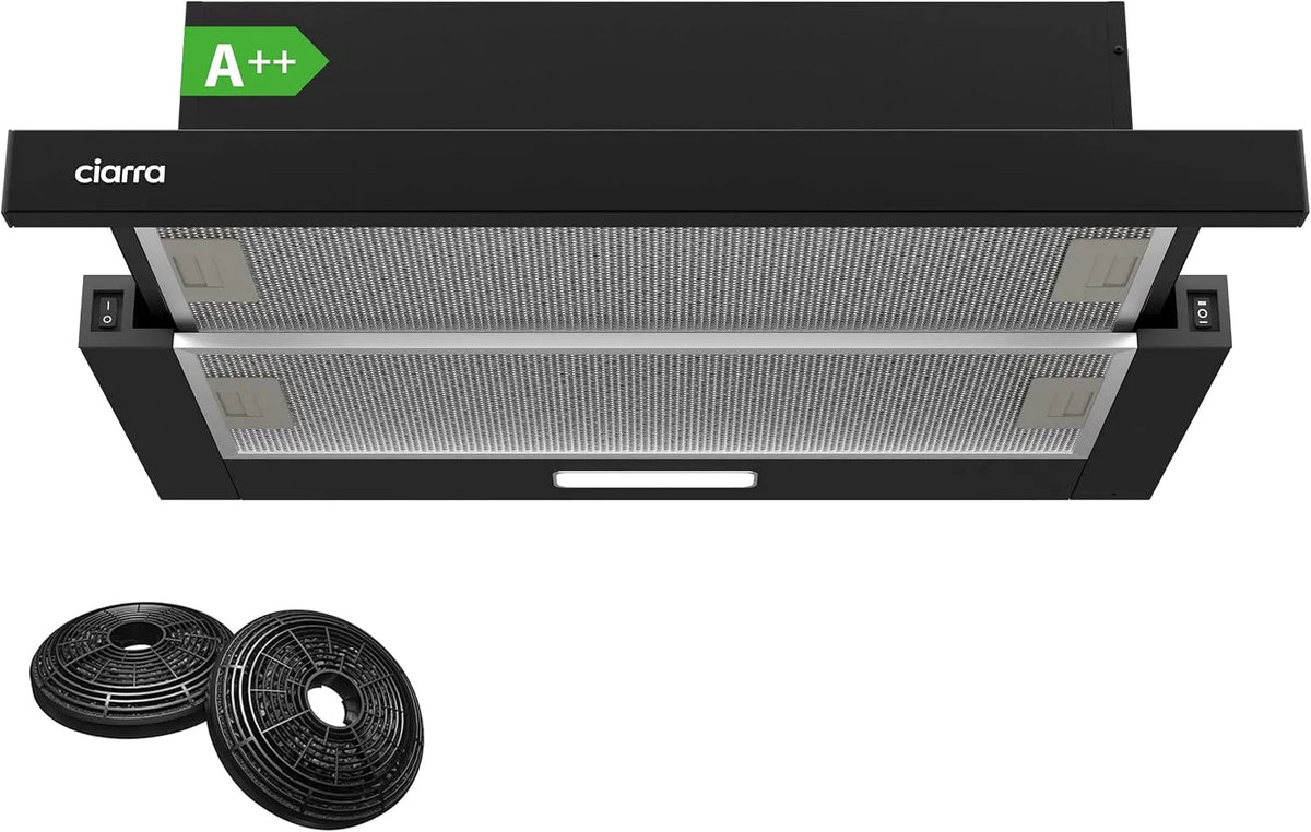 CIARRA CBCB6906D Cappa aspirante, 60cm, classe energetica A, cappa da cucina, nero, CIARRA CBCB6906D Classe A++ Cappa Aspirante Telescopica Integrata