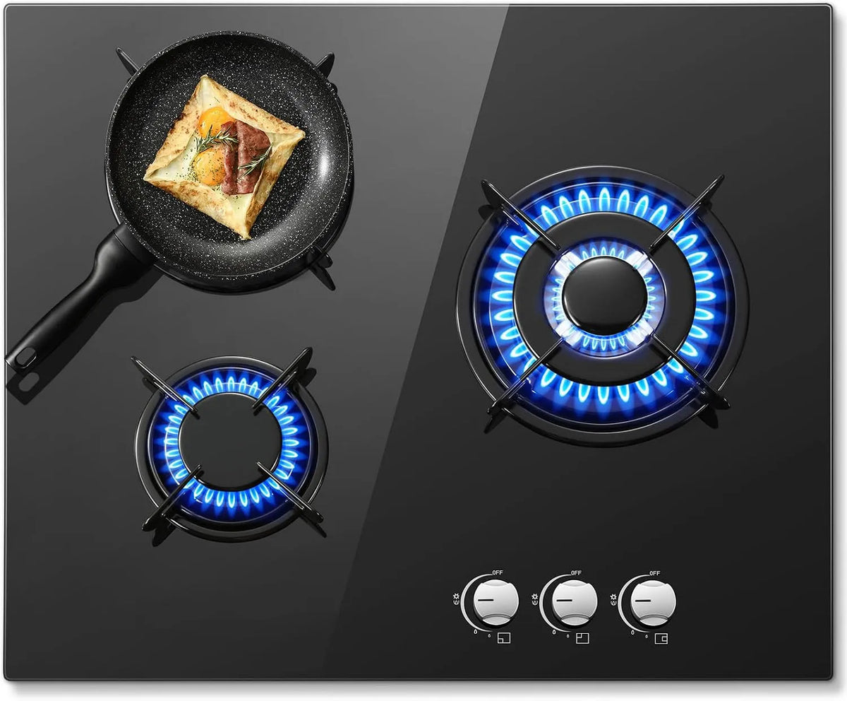Piano cottura a gas, 3 fuochi, 6180 W, 240 V, fornello a gas, nero, 220-240 V, SNDOAS Piano Cottura Gas, Gas Naturale e Gas Propano, Incorporato