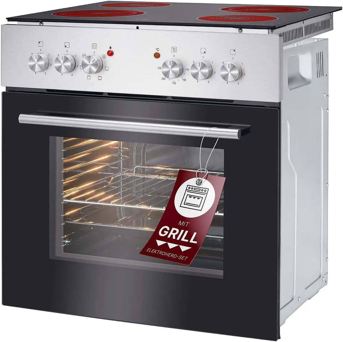 Bomann Piano cottura in vetroceramica, 60 cm, 61 L, 4 fuochi, 50 a 250 °C, da incasso, grill, inferiore, Set
