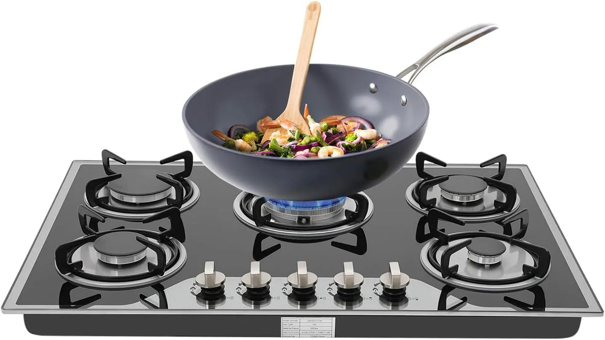 Piano cottura a gas, 77 cm, 5 fuochi, da incasso, fornello a gas, nero, accensione elettronica a impulso, per cucina