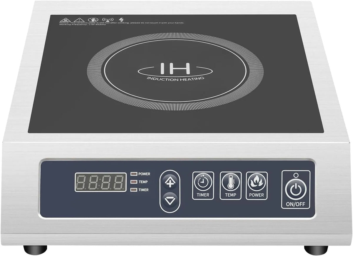 Piano cottura a induzione, 3500 W, piastra a induzione, professionale, acciaio inox, 11 livelli di potenza, indicatore LED, commerciale, rilevamento
