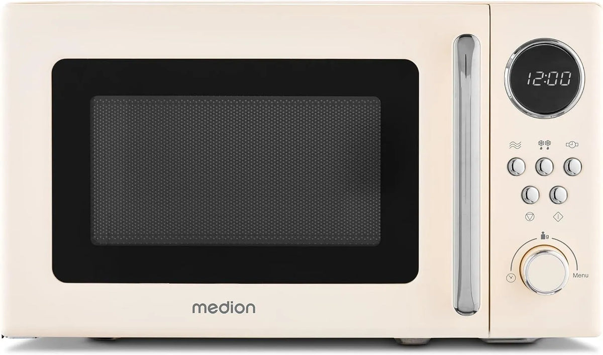 Forno a microonde MD15000, 20 L, 8 programmi, display digitale, scongelamento, circa 800 watt, 20 litri, 5 impostazioni microonde, beige, MEDION retro