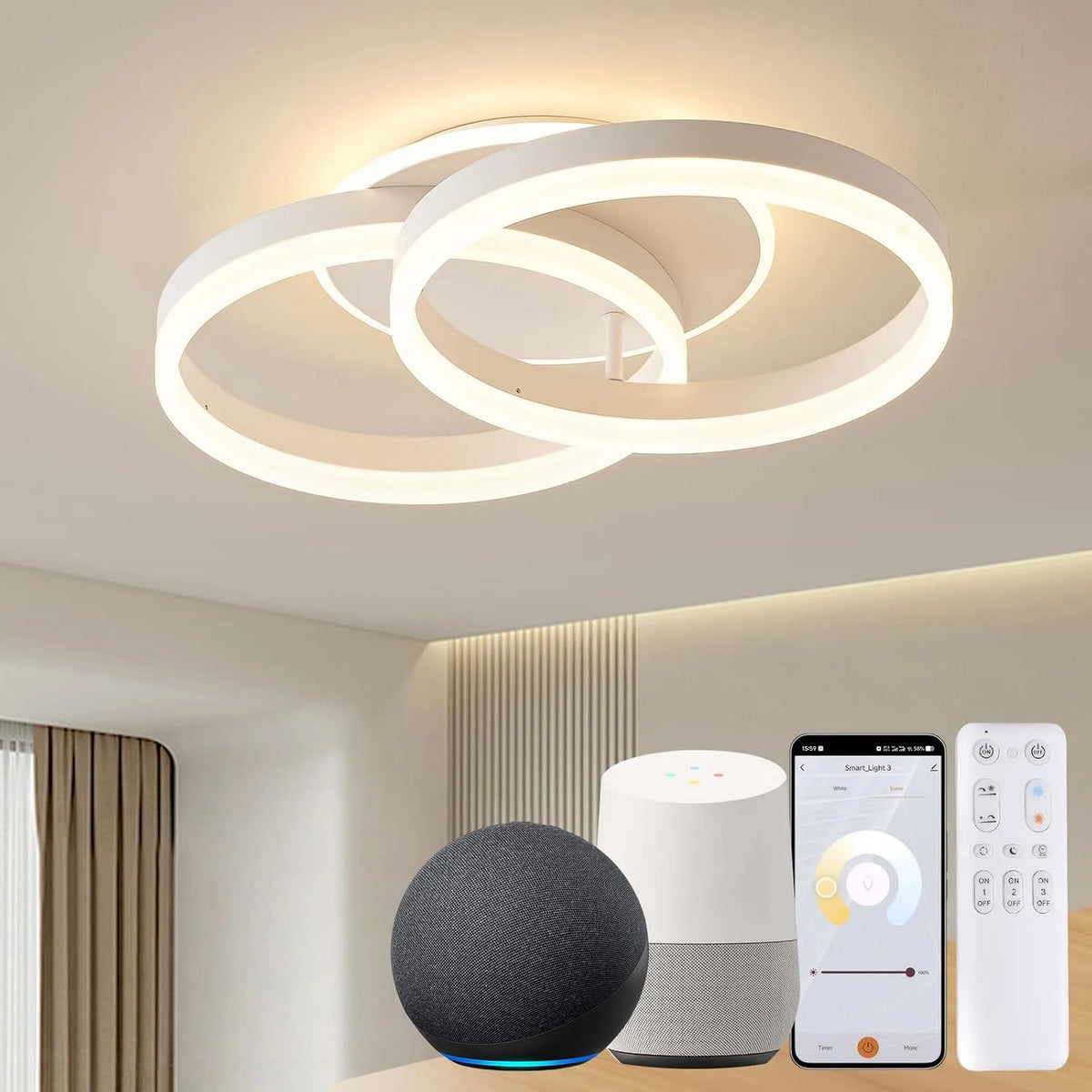 Prodotto φ50 cm Design 2 Ring, Smart Plafoniera LED Alexa, Lampada da Soffitto 36W, Dimmerabile con Telecomando, Metallo+Acrilico, per Cucina
