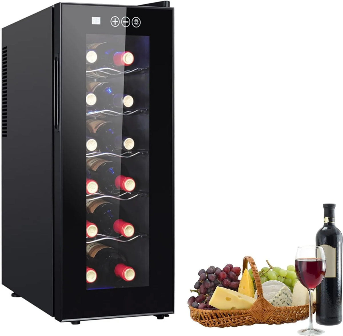 Cantinetta vino, 12 bottiglie, 8 a 18 °C, 2 zone di temperatura, touch, Luci LED, Vetro Anti UV, Touch Screen, Ripiani