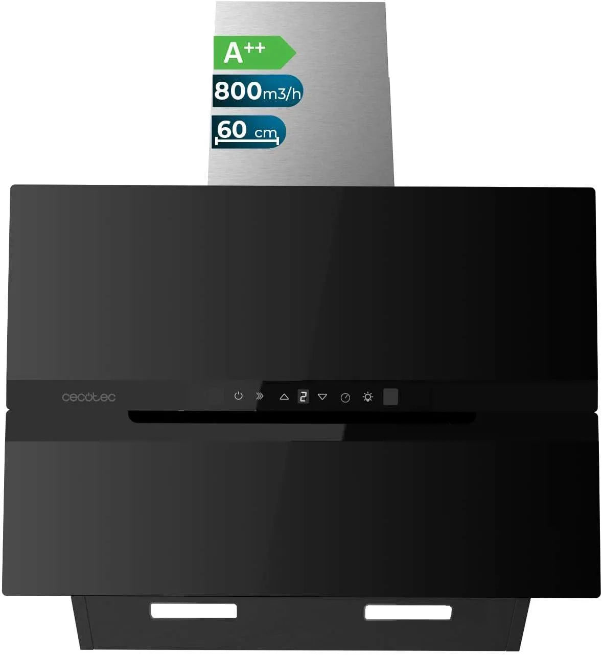 Cecotec Bolero Flux DT 800m3, h Cappa aspirante, 60 cm, 210 W, 800 m3/h, cappa da cucina, touch, nero, 608010 Glass Black A++ 210W, Carbonio Ø176