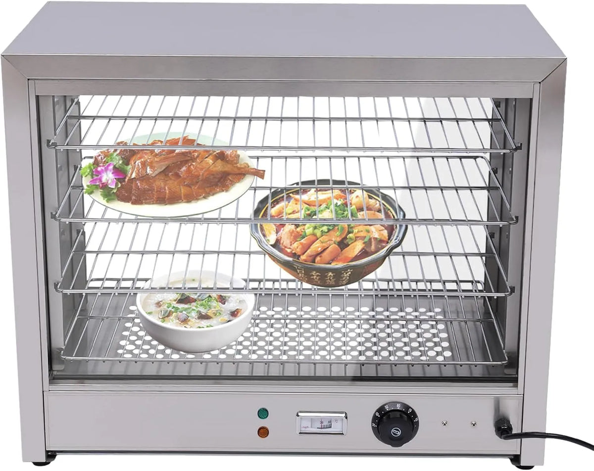 Prodotto 800 W, Scaldavivande con 4 ripiani, vetrina per mantenere il caldo, piano di mantenimento del calore regolabile 30-85 °C, funzionamento