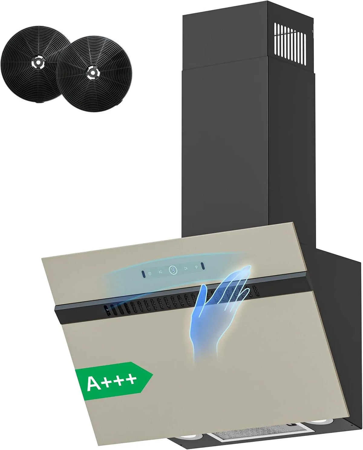Cappa aspirante, 60cm, 684 m3/h, classe energetica A, cappa da cucina, inclinata, touch, grigio, 9 Velocità, Cappa Cucina con Filtro a Carbone